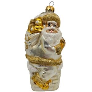 Vintage Christmas Santa Going Down Chimney Glass Ornament Great Condition